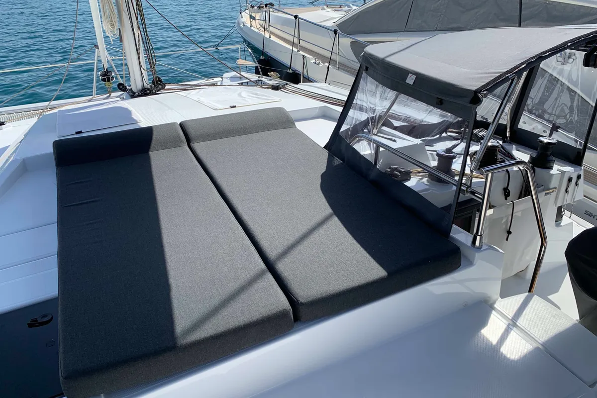 Deck of Lazuli, a Fountaine Pajot Elba 45 catamaran at Athens, Greece