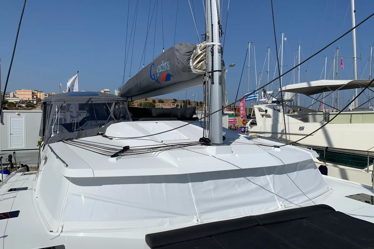 Deck of Lazuli, a Fountaine Pajot Elba 45 catamaran at Athens, Greece