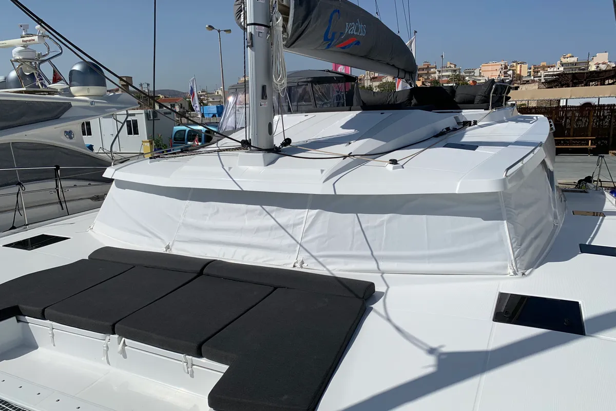 Deck of Lazuli, a Fountaine Pajot Elba 45 catamaran at Athens, Greece