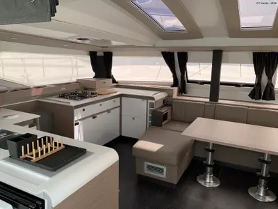 Galley of Lazuli, a Fountaine Pajot Elba 45 catamaran at Athens, Greece