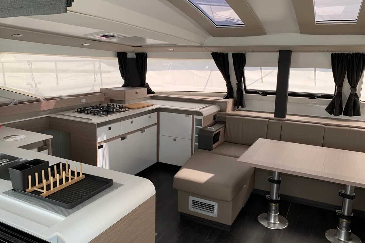 Galley of Lazuli, a Fountaine Pajot Elba 45 catamaran at Athens, Greece