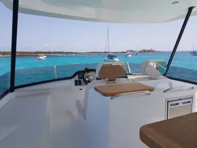 Cockpit of Philya, a Bali 4.3 MY catamaran at Sitges, Spain