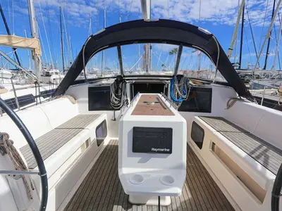 Cockpit of Blue Sky, a Dufour 412 sailboat at Figari/Golfo Aranci, Italy
