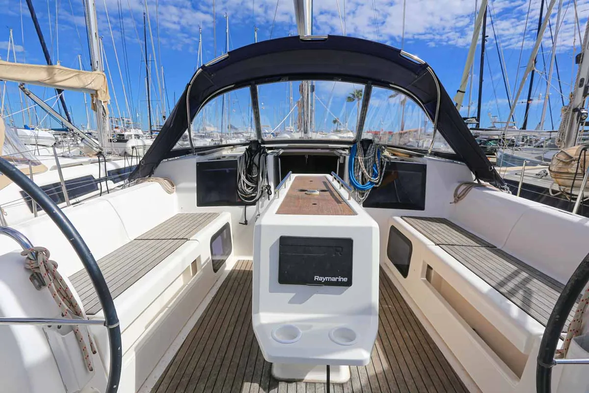 Cockpit of Blue Sky, a Dufour 412 sailboat at Figari/Golfo Aranci, Italy
