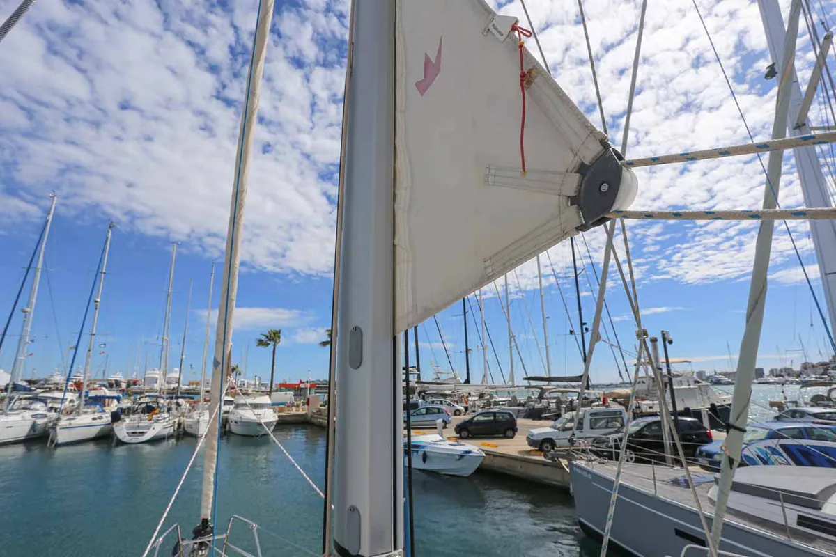 Deck of Blue Sky, a Dufour 412 sailboat at Figari/Golfo Aranci, Italy