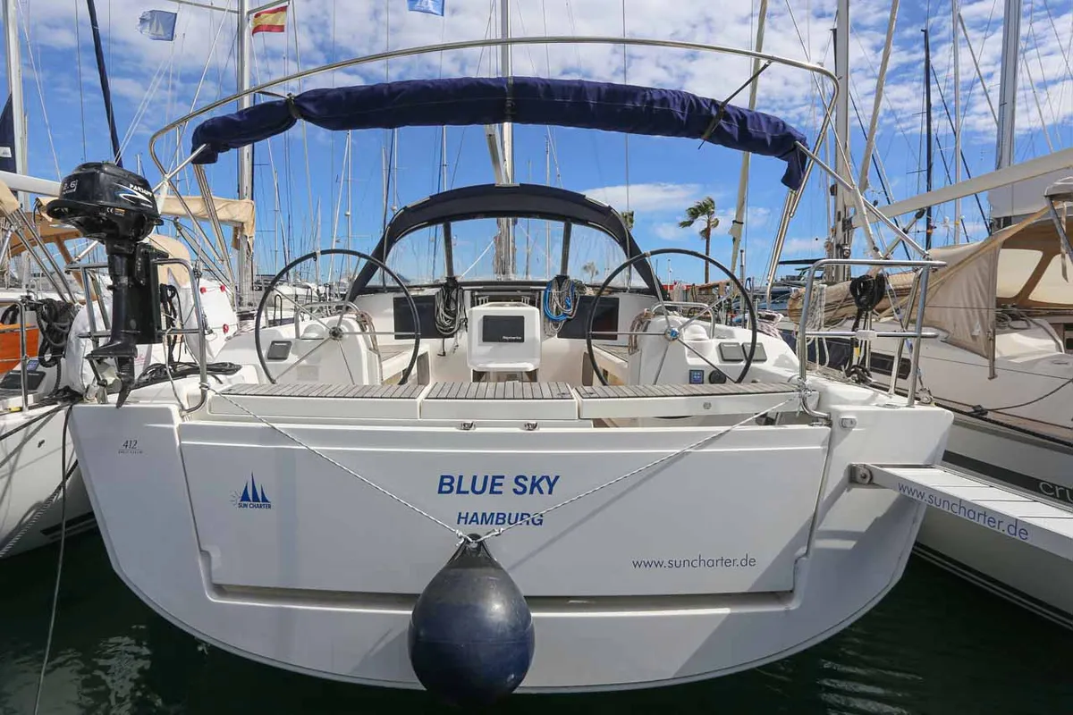Exterior view of Blue Sky, a Dufour 412 sailboat at Figari/Golfo Aranci, Italy
