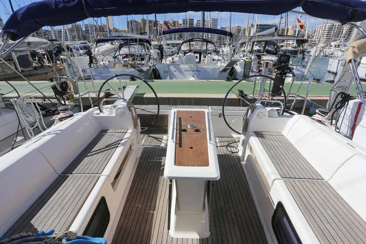 Cockpit of Blue Sky, a Dufour 412 sailboat at Figari/Golfo Aranci, Italy