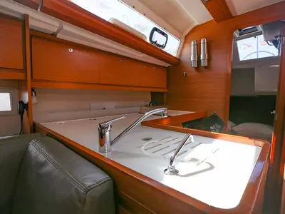 Galley of Blue Sky, a Dufour 412 sailboat at Figari/Golfo Aranci, Italy