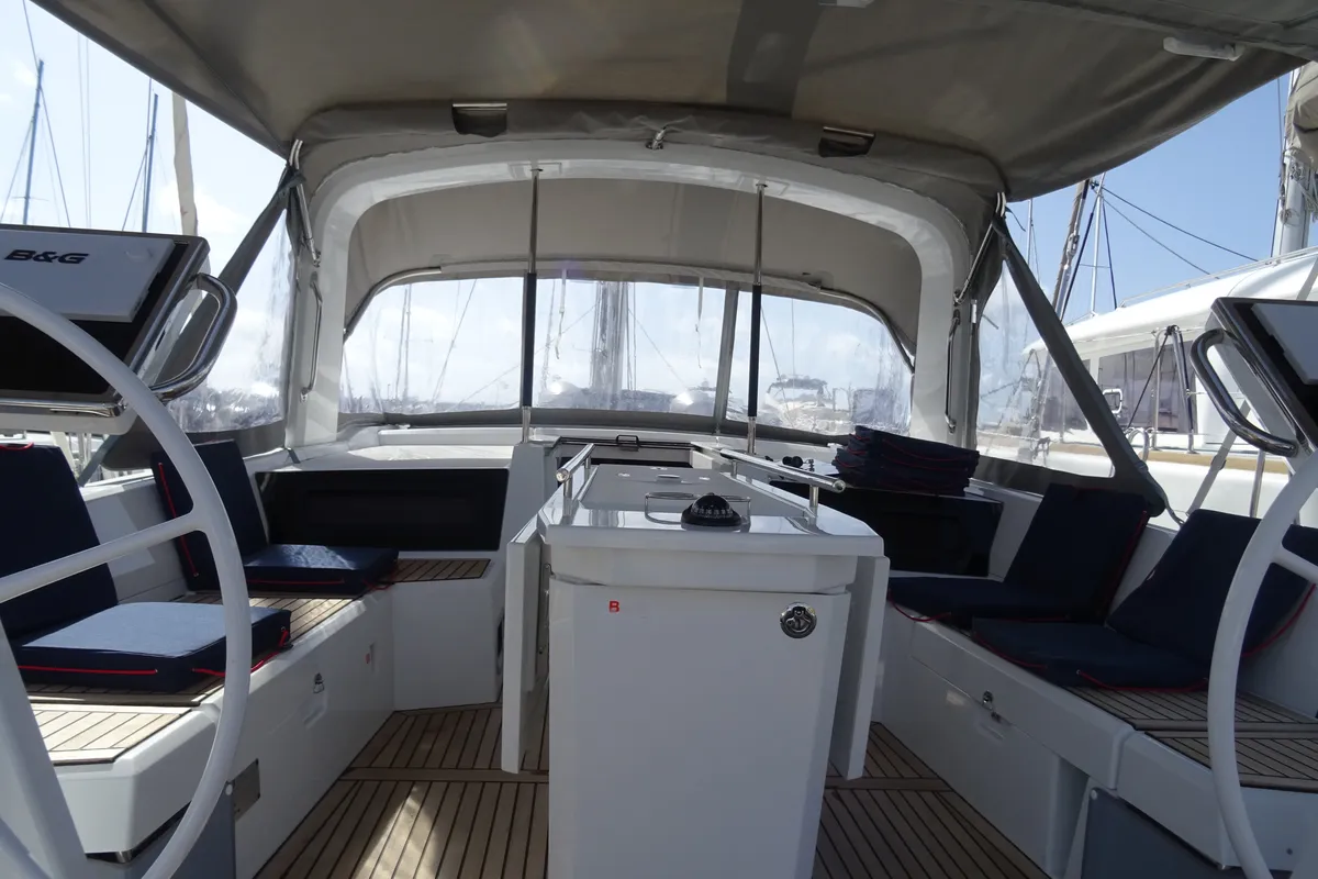 Cockpit of Gwennili/Owners Version, a Beneteau Oceanis 46.1 sailboat at Athens, Greece