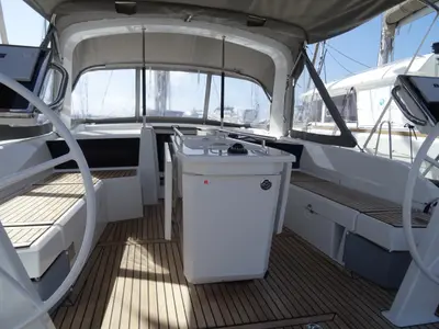 Cockpit of Gwennili/Owners Version, a Beneteau Oceanis 46.1 sailboat at Athens, Greece