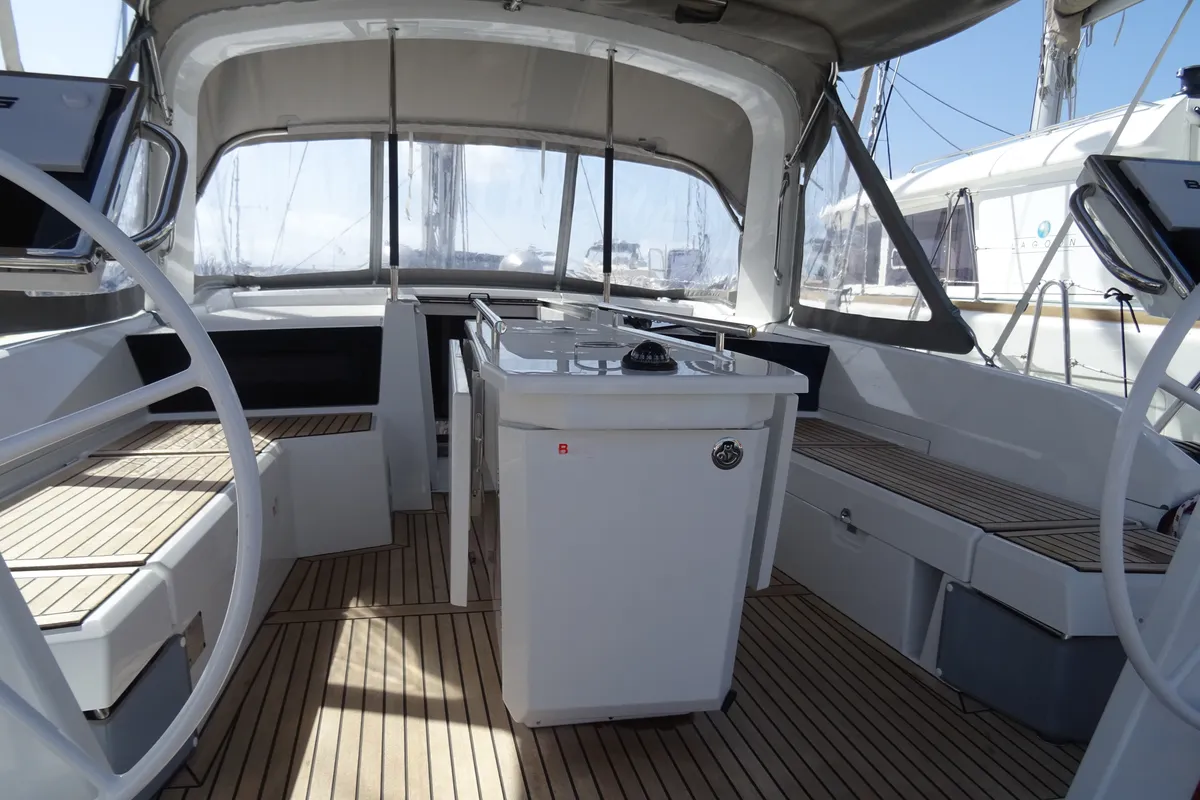 Cockpit of Gwennili/Owners Version, a Beneteau Oceanis 46.1 sailboat at Athens, Greece