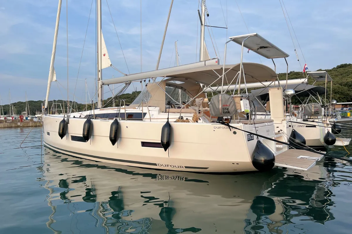 Exterior view of Kaja, a Dufour 430 GL sailboat at Grad Pula, Croatia