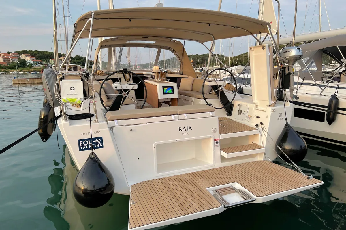 Exterior view of Kaja, a Dufour 430 GL sailboat at Grad Pula, Croatia