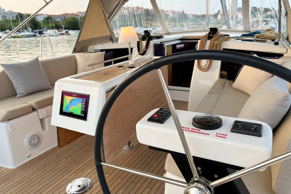 Cockpit of Kaja, a Dufour 430 GL sailboat at Grad Pula, Croatia