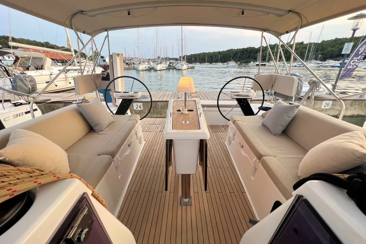 Cockpit of Kaja, a Dufour 430 GL sailboat at Grad Pula, Croatia