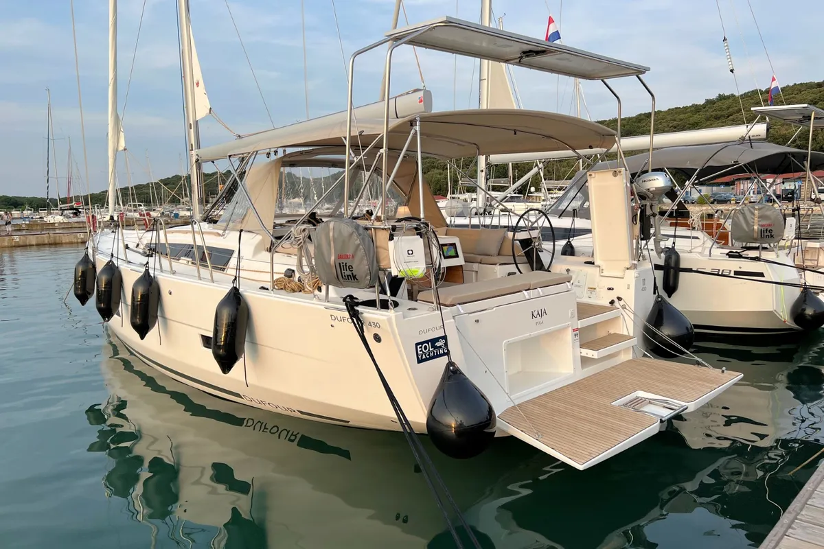 Exterior view of Kaja, a Dufour 430 GL sailboat at Grad Pula, Croatia