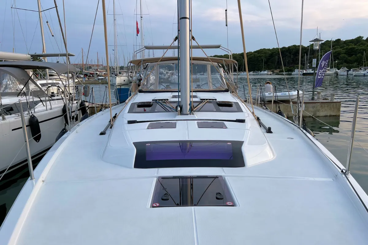 Deck of Kaja, a Dufour 430 GL sailboat at Grad Pula, Croatia