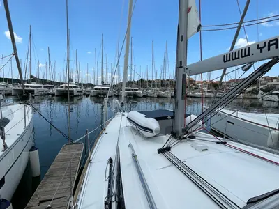 Deck of Cocco, a Beneteau Oceanis 38.1 sailboat at Grad Šibenik, Croatia