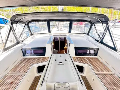 Cockpit of Full Moon, a Beneteau Oceanis 51.1 sailboat at Primošten, Croatia