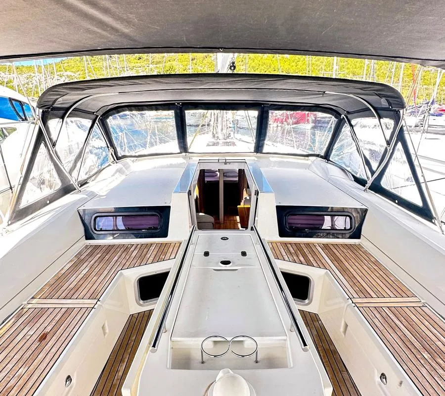 Cockpit of Full Moon, a Beneteau Oceanis 51.1 sailboat at Primošten, Croatia