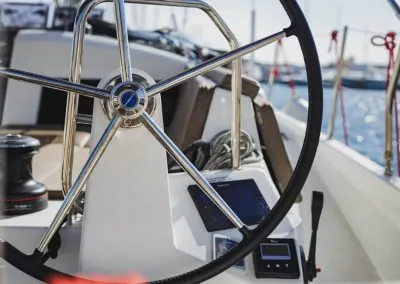 Cockpit of Ecume, a Jeanneau Sun Odyssey 440 sailboat at Lavrion, Greece