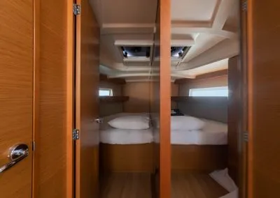 Cabin on Ecume, a Jeanneau Sun Odyssey 440 sailboat at Lavrion, Greece