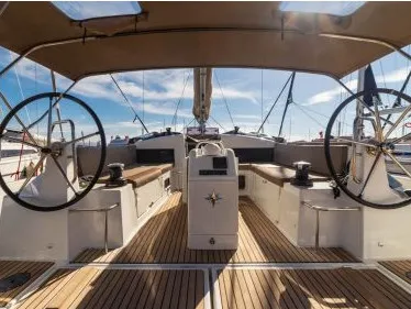 Cockpit of Ecume, a Jeanneau Sun Odyssey 440 sailboat at Lavrion, Greece