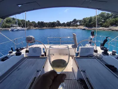Cockpit of Olimp, a Bavaria C57 sailboat at Split, Croatia