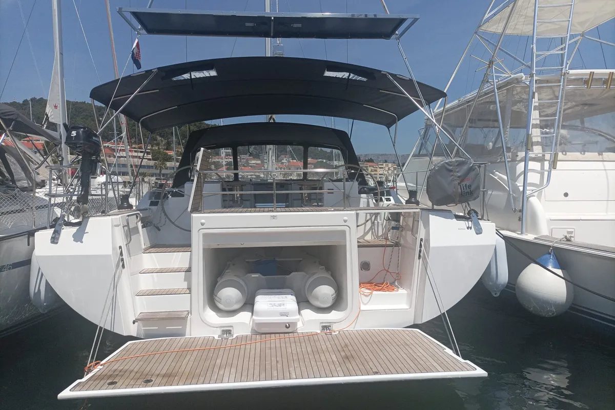 Exterior view of Olimp, a Bavaria C57 sailboat at Split, Croatia