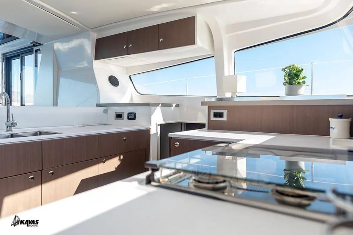 Galley of Kos 42.9, a Bali 4.2 catamaran at Athens, Greece