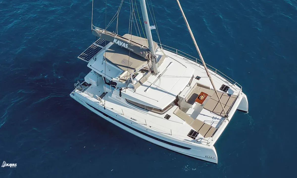 Exterior view of Kos 42.9, a Bali 4.2 catamaran at Athens, Greece