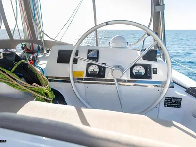 Cockpit of Kos 42.9, a Bali 4.2 catamaran at Athens, Greece
