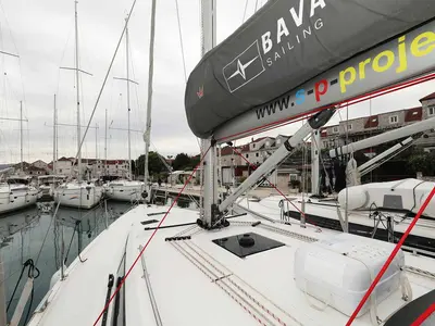 Deck of Noana, a Bavaria C42 sailboat at Grad Trogir, Croatia