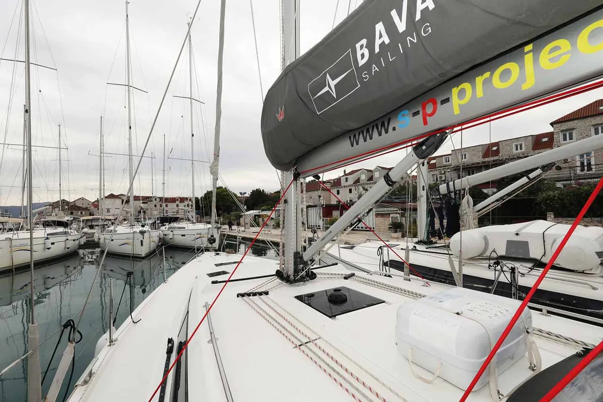 Deck of Noana, a Bavaria C42 sailboat at Grad Trogir, Croatia