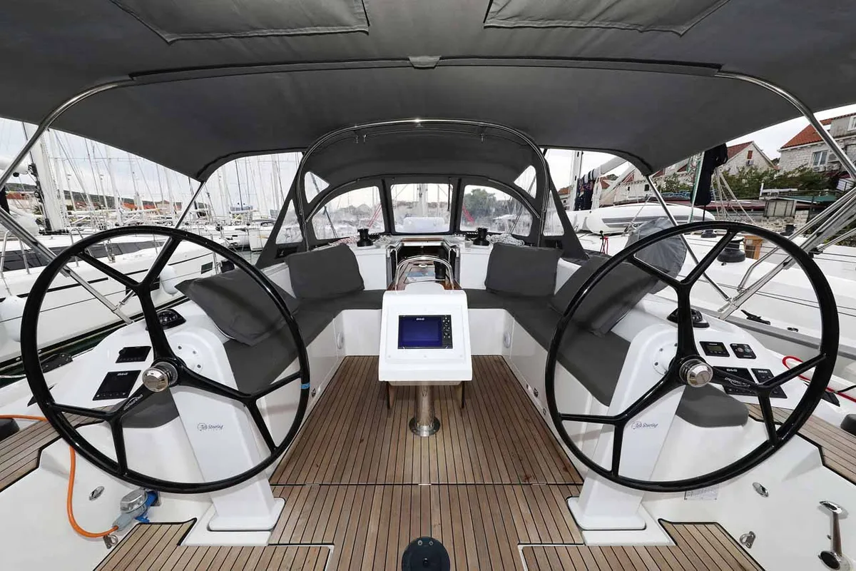 Cockpit of Noana, a Bavaria C42 sailboat at Grad Trogir, Croatia