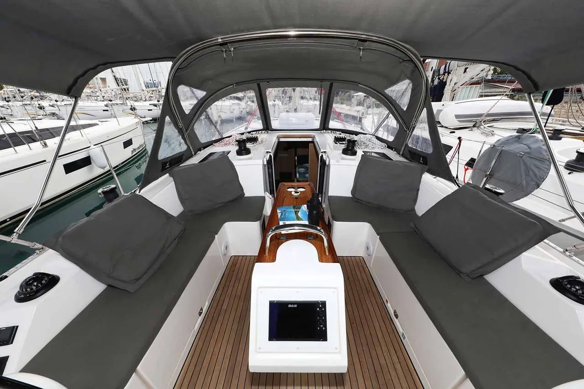 Cockpit of Noana, a Bavaria C42 sailboat at Grad Trogir, Croatia