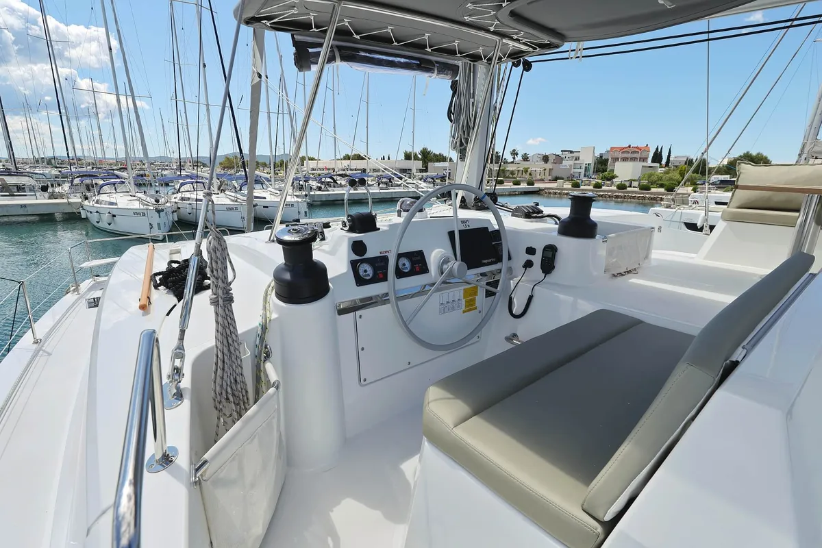 Cockpit of Breeze, a Bali 4.4 catamaran at Općina Sukošan, Croatia