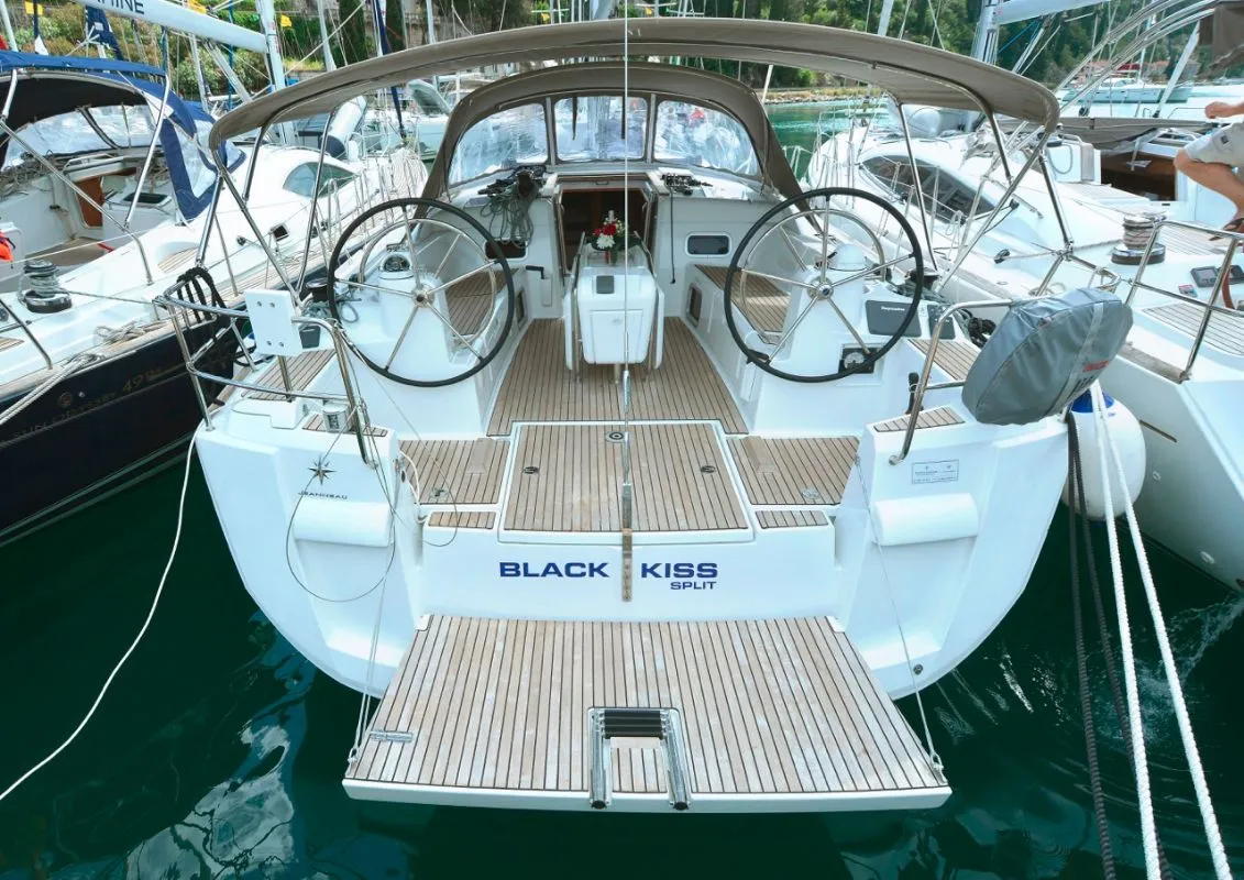 Cockpit of Black Kiss, a Jeanneau Sun Odyssey 479 sailboat at Dubrovnik, Croatia