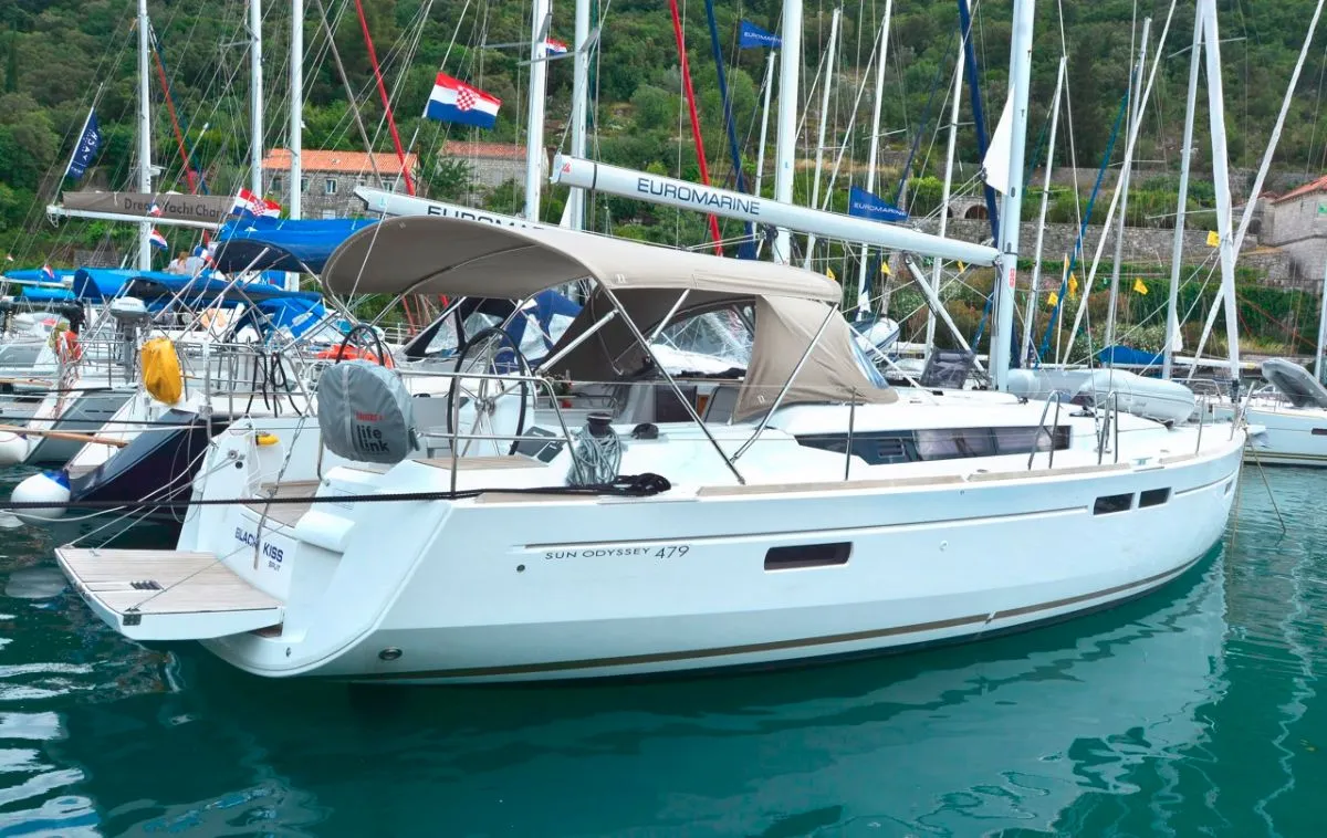 Exterior view of Black Kiss, a Jeanneau Sun Odyssey 479 sailboat at Dubrovnik, Croatia