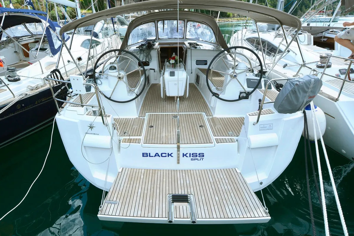 Cockpit of Black Kiss, a Jeanneau Sun Odyssey 479 sailboat at Dubrovnik, Croatia