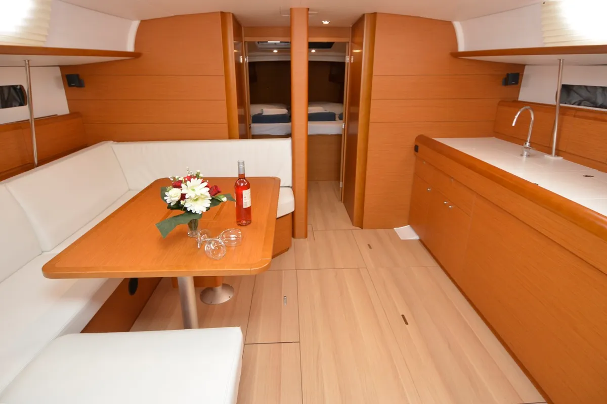 Salon of Black Kiss, a Jeanneau Sun Odyssey 479 sailboat at Dubrovnik, Croatia