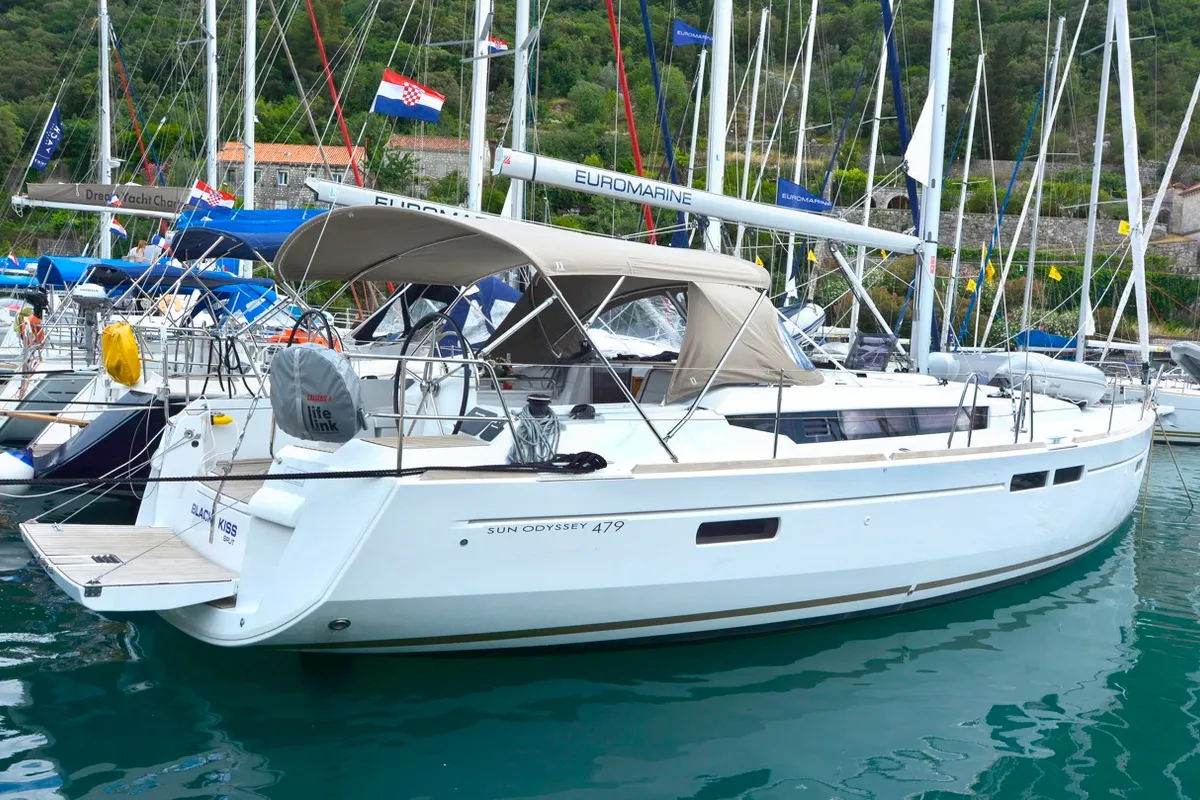 Exterior view of Black Kiss, a Jeanneau Sun Odyssey 479 sailboat at Dubrovnik, Croatia