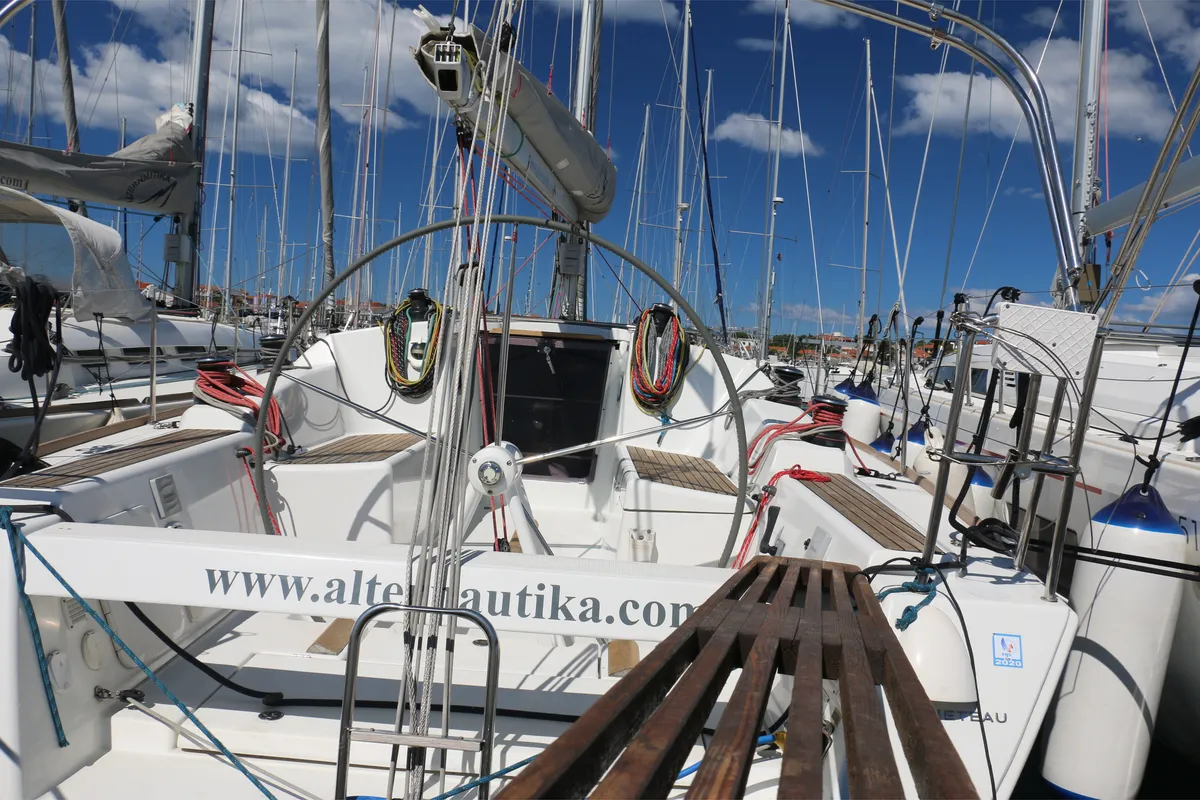 Cockpit of Saggitarius, a Beneteau First 35 sailboat at Jezera, Croatia