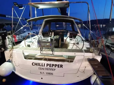 Exterior view of Chilli Pepper, a Beneteau Oceanis 45 sailboat at Volos, Greece
