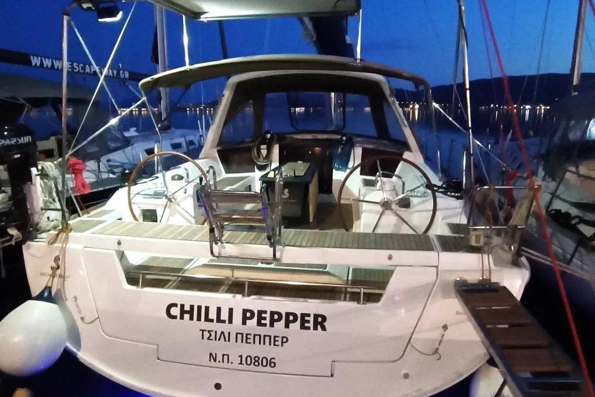 Exterior view of Chilli Pepper, a Beneteau Oceanis 45 sailboat at Volos, Greece