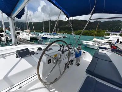 Cockpit of Mystikal, a Lagoon 440 catamaran at Baan Salak Phet, Thailand