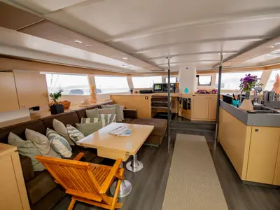 Salon of High Jinks, a Fountaine Pajot Sanya 57 catamaran at Athens, Greece