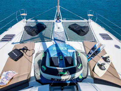 Deck of High Jinks, a Fountaine Pajot Sanya 57 catamaran at Athens, Greece