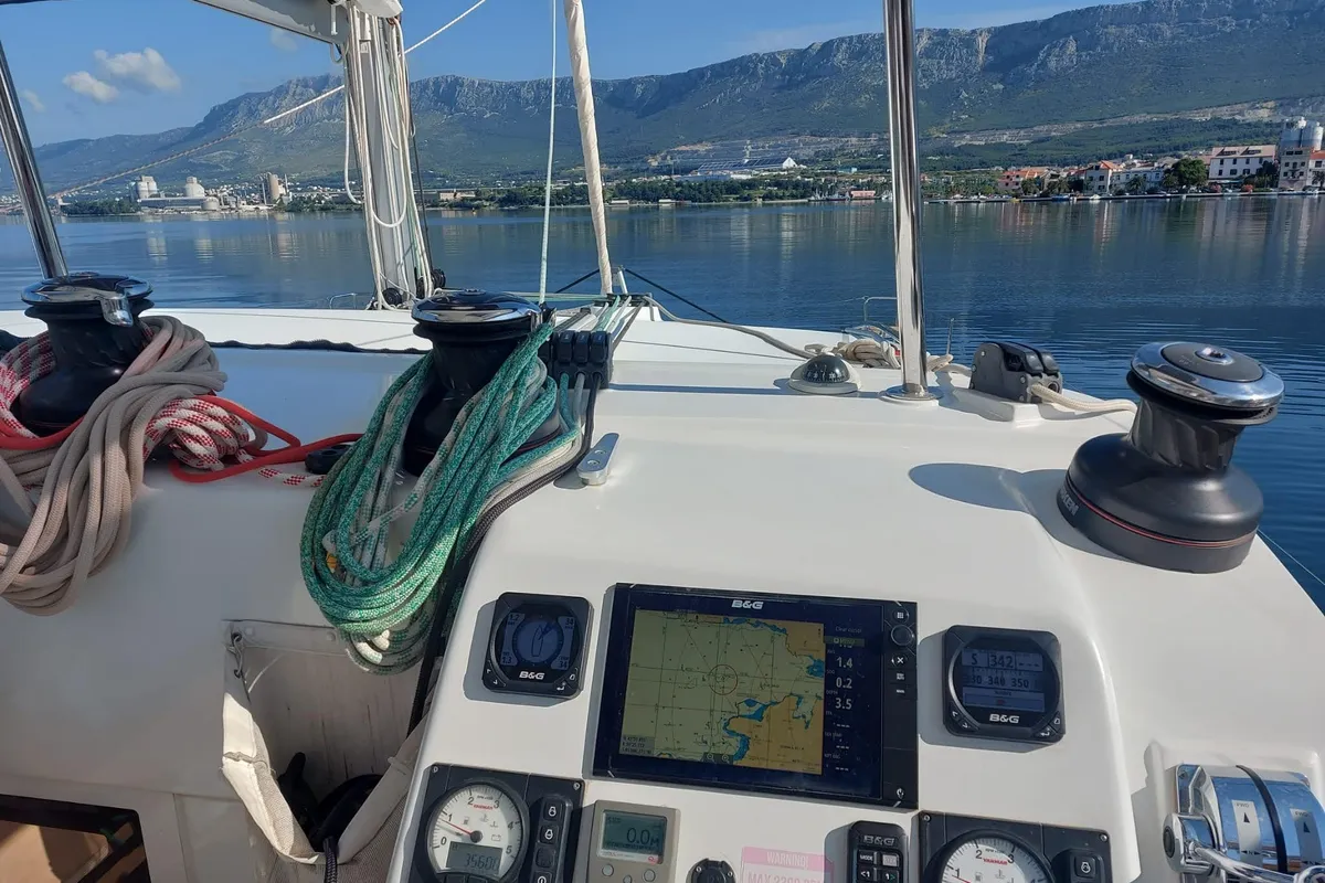 Cockpit of Nathalie, a Lagoon 450 S catamaran at Split, Croatia