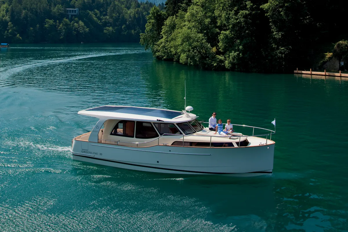 Exterior view of Dalen, a Greenline 33 motor yacht at Porsgrunn, Norway